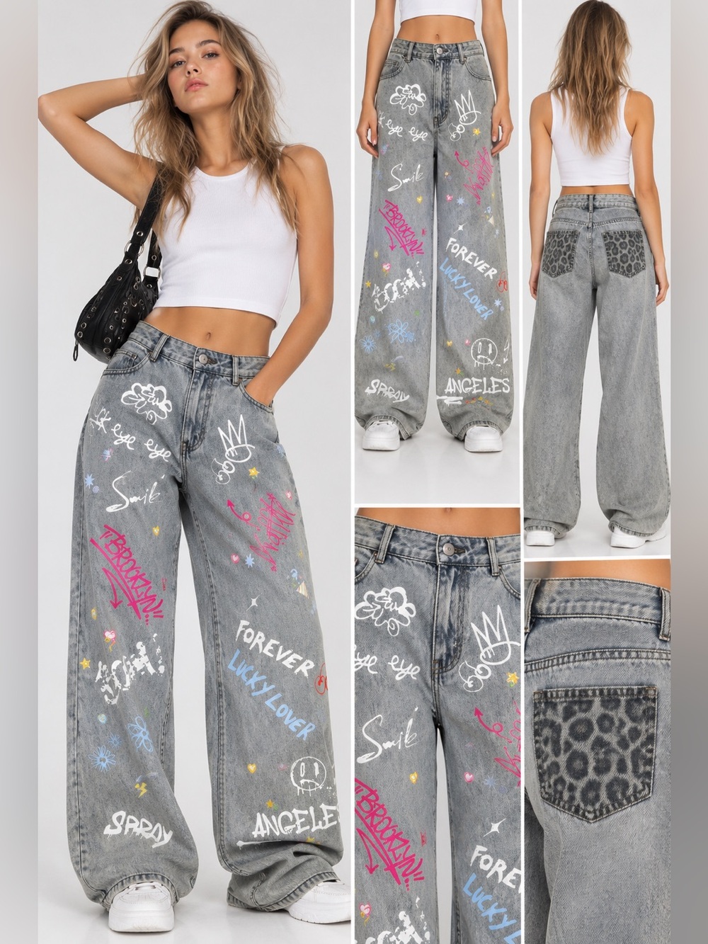 UTUH Graffiti Wide Leg Jeans Women’s M Gray Acid Wash Y2K Streetwear Baggy
Wide